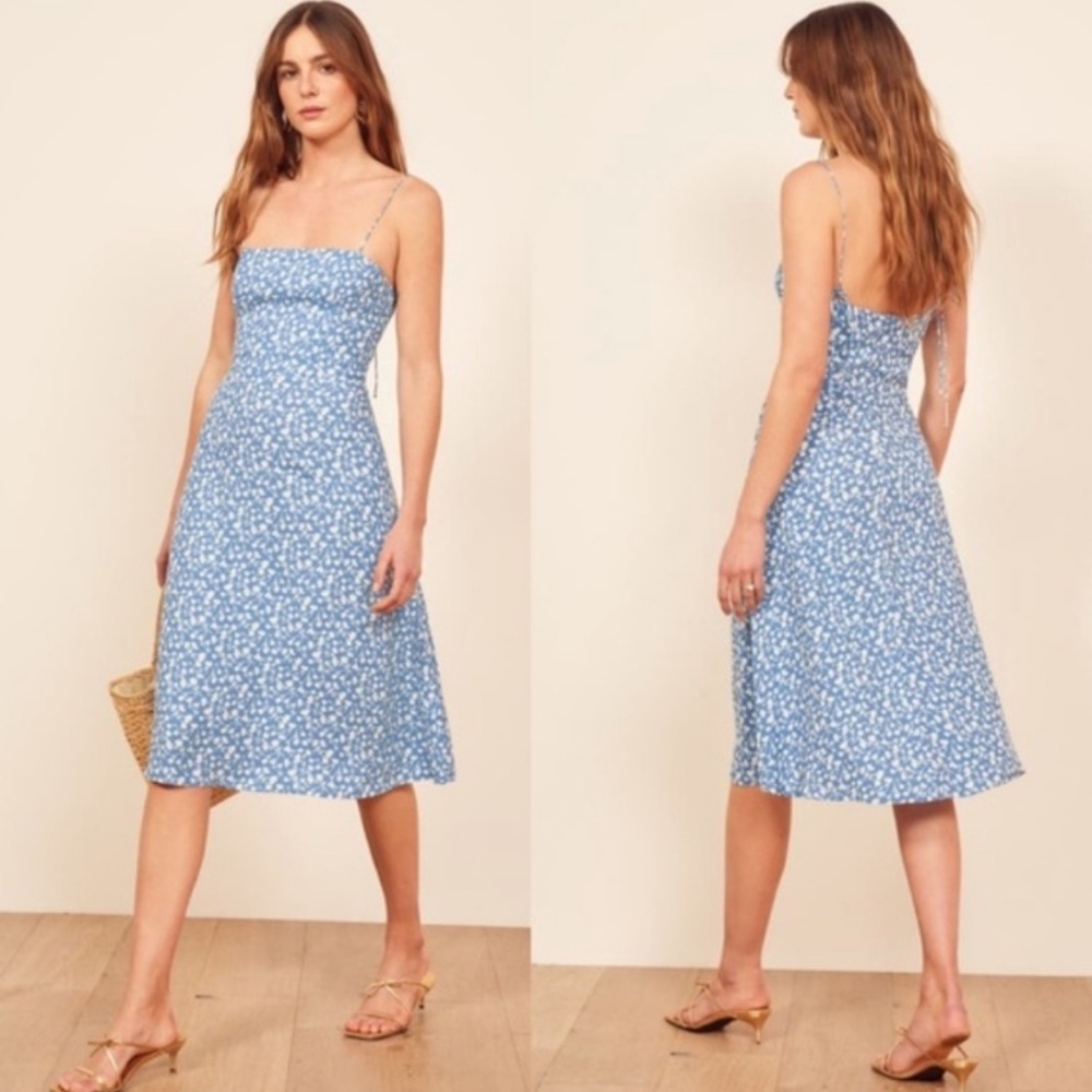 REFORMATION | The Peach Midi Dress in Marie Blue Floral